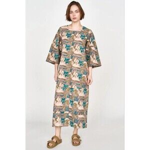 MIRTH Provence Block-Print Midi Dress M Moss Reef Hand-Loomed Cotton NWT $325‎